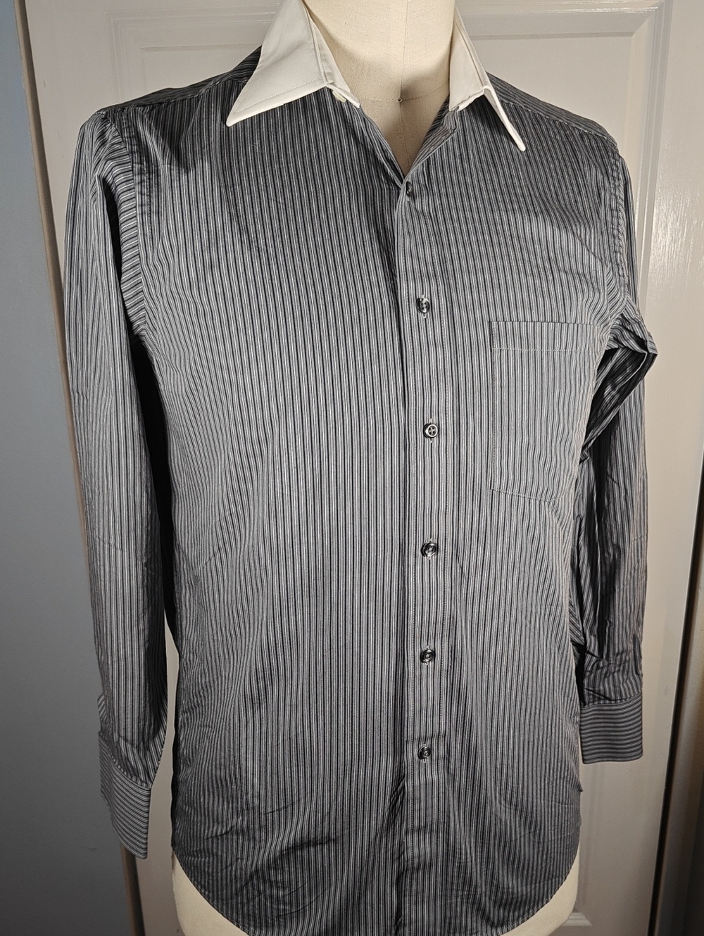 Donald Trump Collection Black Pinstripe Contrast Collar Dress Shirt 15.5x32/33
